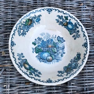 May include: A round, off-white ceramic bowl with a blue and white fruit and floral design. The bowl has a detailed border and a central image of a basket of fruit. The bowl is likely vintage or antique.