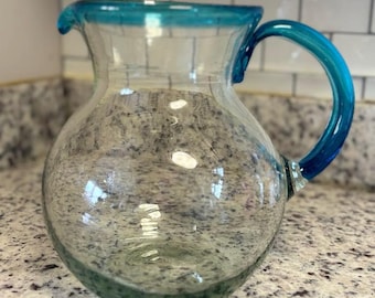 Vintage Hand-Blown Mexican Glass Pitcher – Bubble Glass with Aqua Blue Rim & Handle