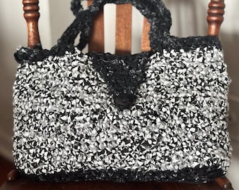 Handmade Black & White Crocheted Tote Bag – Upcycled Fabric, Boho Purse