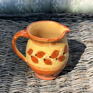 Vintage French Ceramic Pitcher – Hand Painted Leaves – Rustic Provincial Pottery – Made in France Cream Jug – Small Decorative Jug