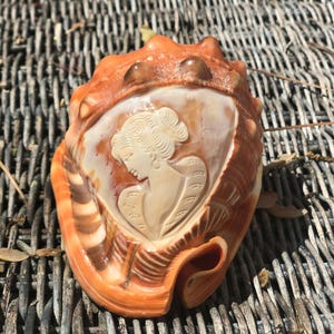 May include: An orange and cream-colored seashell with a carved cameo of a woman's profile. The shell has a textured surface and is resting on a woven surface. The cameo is in a heart-shaped frame.