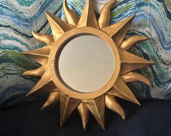 Vintage Gold Sunburst Mirror | Hollywood Regency Wall Mirror | Mid Century Style Statement Decor | Entryway Vanity Accent
