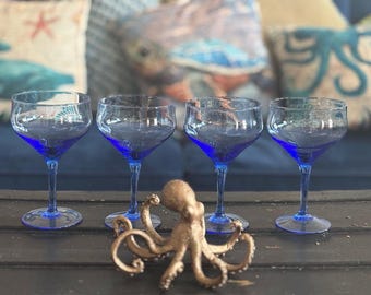 Vintage Mediterranean Blue Coupe Glasses Set of 4 | Graduated Cobalt Stemware | For People With Better Taste Than Their Guests