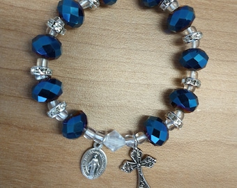 Sparkly Blue Rosary Bracelet with Cross and Miraculous Medal