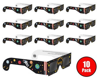 Gafas de eclipse solar (paquete de 10), certificación CE e ISO para visualización directa del sol Visor y filtro solar seguro - Diseño de astronauta