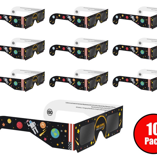 Solar Eclipse Glasses, (10 Pack) - CE and ISO Certified For Direct Sun Viewing Safe Solar Viewer and Filter - Astronaut Design