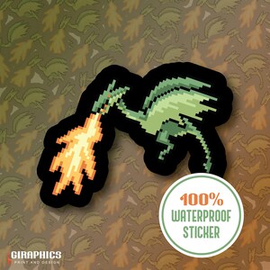 May include: A pixelated green dragon sticker with a black outline, breathing fire. The sticker has the text "100% WATERPROOF STICKER" in a circular design. The sticker is on a background with a repeating dragon pattern.