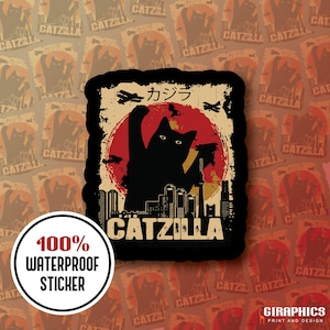 May include: A black Catzilla sticker with a black cat silhouette, red sun, and city skyline. The sticker includes Japanese text and the words "Catzilla" and "100% Waterproof Sticker."