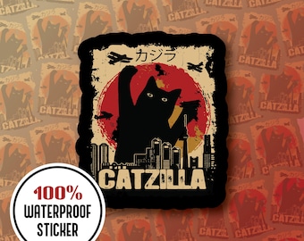 Pegatina de Catzilla: Divertida calcomanía de vinilo impermeable - Parodia del gato del anime Godzilla