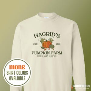May include: A beige long-sleeved sweatshirt with a graphic design that says "Hagrid's Pumpkin Farm, Est. 1962, Magically Grown". The graphic features a pumpkin with green leaves and smaller pumpkins.