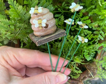 Miniature Beehive and Bees Set of five Glow in The Dark Fairy Garden Decor