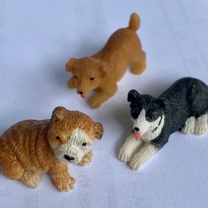 Miniature Puppy Dogs, Set of Three.  Bulldog, Border Collie and Labrador Puppy Dog Figurines for Fairy Gardens or Cake Topper.