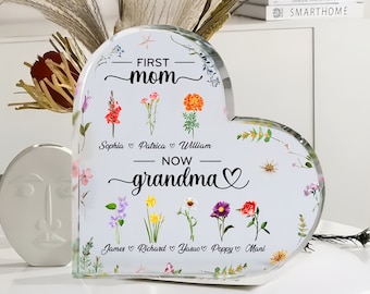 Personalized First Mom - Mother's Day Gifts - Now Grandma Heart Shaped Acrylic Sign - Birthday Flower Gifts for Grandma - Father's Day Gifts