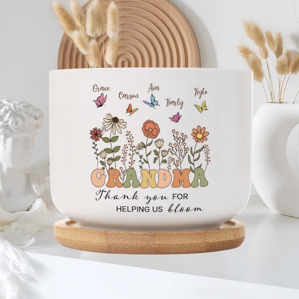 Flower Pot for Mom - Grandma -Gift for Mom - Personalized Butterfly Customized Children's Name Grandma Ceramic Flower Pot -Mother's Day Gift
