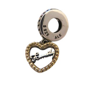 May include: Silver and gold charm with a heart-shaped design and the word "Family" inscribed inside. The charm has a small loop at the top for attaching to a bracelet or necklace. The back of the charm is stamped with "S925 ALE".