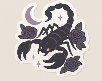 Scorpio Zodiac Sticker-Dark Scorpion Vinyl Decal with Roses and Moon for Laptops, Journals, and More
