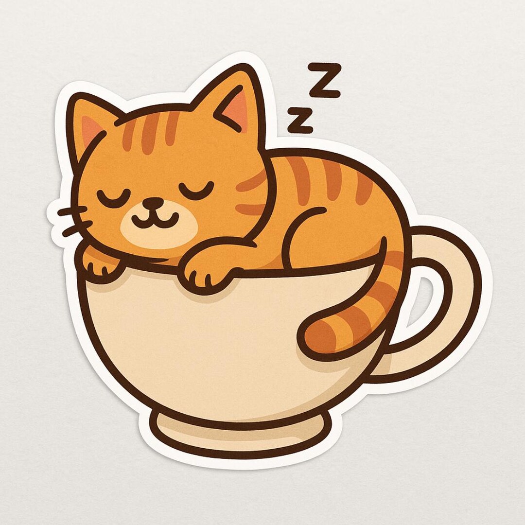 Sleeping Cat in Coffee Cup Vinyl Sticker | Kawaii Cat Sticker for ...