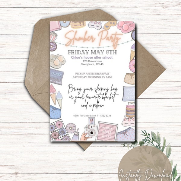 Slumber Party for Girls Invitation Template, Movie Night, Sleepover Birthday, Dream Squad, Slumber Party Vibes, First Sleepover, Teen Party