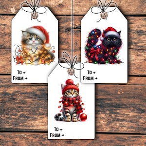 Christmas Cat Gift Tags, Printable Holiday Tags, Cute Cats Wrapped in Lights, Cat Lover Gift Tags, Instant Download Labels, String Lights