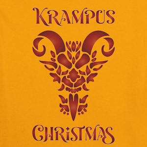 May include: Mustard yellow t-shirt with a red and brown Krampus graphic. The design features a horned creature with the text "KRAMPUS" above and "CHRISTMAS" below. The shirt is a short-sleeved crew neck.