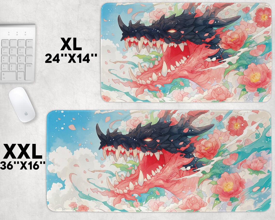 Dragon Ruler Mat Colorful Watercolor Floral Dragon Desk Mat | XL Gaming Large Mouse Pad ...