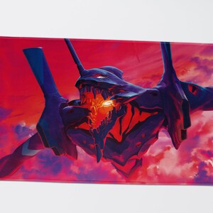 May include: A red and purple anime robot with a glowing orange eye, flying against a pink and purple cloudy sky.