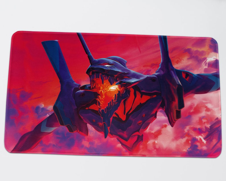 May include: A red and purple anime robot with a glowing orange eye, flying against a pink and purple cloudy sky.