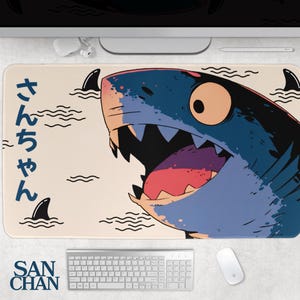 Lofi Happy Shark Desk Mat | XXL Gaming Large Mouse Pad, Keyboard Mousepad for Gamers, Cute Shark Pattern Design, Vibrant, Japan MTG Playmat