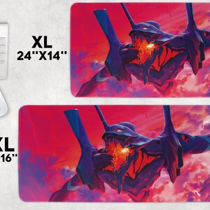 May include: Two different sizes of mousepads featuring a red and blue anime robot with a menacing expression against a pink and purple cloudy sky. The text "XL 24"x14"" and "XXL 36"x16"" are displayed on the mousepads.