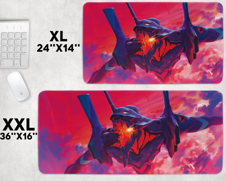 May include: Two different sizes of mousepads featuring a red and blue anime robot with a menacing expression against a pink and purple cloudy sky. The text "XL 24"x14"" and "XXL 36"x16"" are displayed on the mousepads.