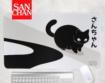 Japanese Black Cat Desk Mat | XXL Gaming Mouse Pad for Gamer Work Home Office, Stitched Edges, Vibrant Colors, Cute MTG Playmat TCG Deskmat