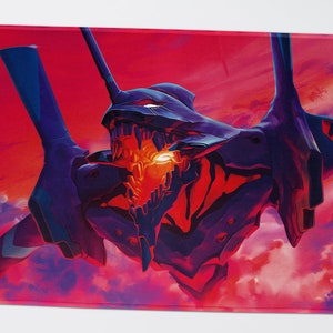 May include: A vibrant red and purple anime-style robot with a glowing orange eye, flying through a pink and purple cloudy sky.