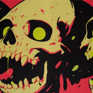 May include: A close-up of a digital art print featuring three stylized skulls with open mouths. The skulls are primarily yellow with black eye sockets and red accents. Green and red drips and splatters are present against a black and red background. The text "SAN CHAN" is in the lower left corner.