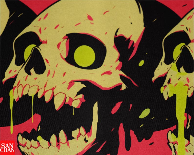 May include: A close-up of a digital art print featuring three stylized skulls with open mouths. The skulls are primarily yellow with black eye sockets and red accents. Green and red drips and splatters are present against a black and red background. The text "SAN CHAN" is in the lower left corner.