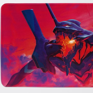 May include: A red and purple anime robot with a large mouth and glowing eyes. The robot is flying in the air against a red and purple sky.