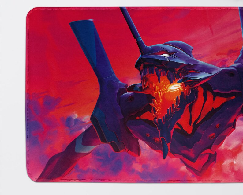 May include: A red and purple anime robot with a large mouth and glowing eyes. The robot is flying in the air against a red and purple sky.