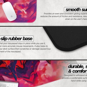 May include: A mousepad with a colorful anime illustration of a giant robot. The mousepad has a smooth surface, a non-slip rubber base, and is durable, soft, and comfortable.
