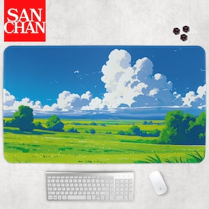 May include: A green and blue landscape with fluffy white clouds in the sky. The image is a design for a mouse mat.