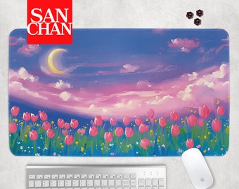 MTG Playmat Cute Pink Pastel Flower Landscape Desk Mat Celestial Moon Pink Clouds Large Gaming Mouse Pad Gift for Gamers MTG & TCG Playmat