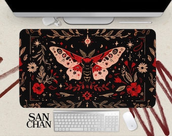 Red Art Nouveau Moth Desk Mat | XXL Gaming Large Mouse Pad, Keyboard Mousepad, Cottagecore Boho Design, Unique Home Office, Cute MTG Playmat