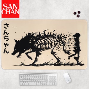 May include: A beige mousepad with a black and white illustration of a wolf with the Japanese text "なんちゃわん" printed on the left side.
