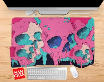 Lofi Pink Skulls Goth Desk Mat Melting Gothic Skull Dark Horror Large Anime XL Extended Gaming Keyboard Mousepad MTG Playmat TCG Deskmat