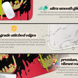 May include: A red and black mousepad with a skull design and the text "SAN CHAN". The mousepad features "ultra smooth glide", "pro-grade stitched edges", and "premium, crisp vibrant colors". A white mouse is on the mousepad.