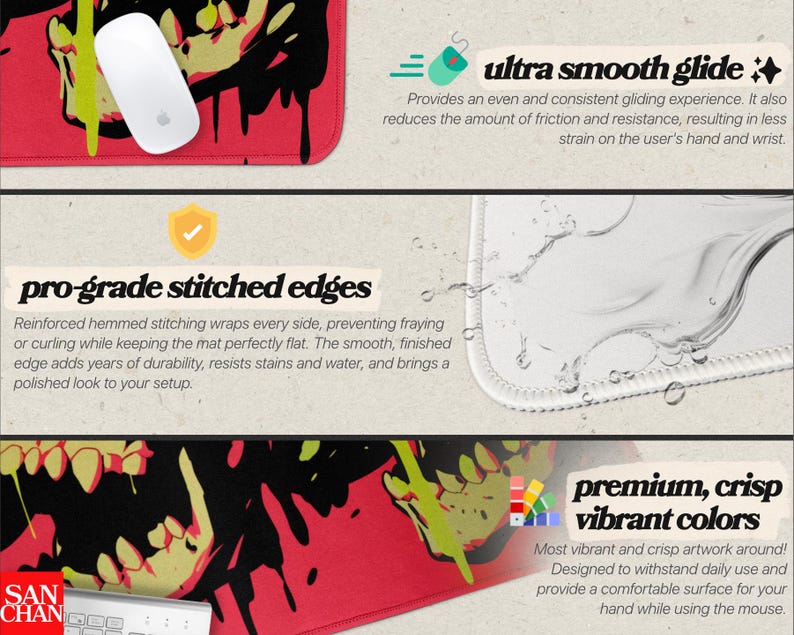 May include: A red and black mousepad with a skull design and the text "SAN CHAN". The mousepad features "ultra smooth glide", "pro-grade stitched edges", and "premium, crisp vibrant colors". A white mouse is on the mousepad.