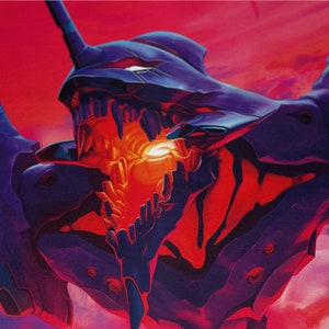 May include: A close-up of a purple and red robot with a large, open mouth and glowing eyes. The robot is set against a red and orange background.