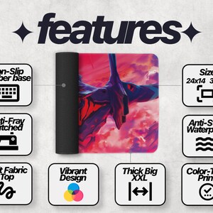 May include: A large, colorful mousepad featuring a vibrant anime-style illustration of a robot against a pink and blue sky. The mousepad has a non-slip rubber base, anti-fray stitched edges, and a soft fabric top. It is available in two sizes: 24x14 inches and 36x16 inches.