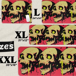 May include: Red mouse pads with a repeating skull design in yellow, black, and green. The mouse pads are available in four sizes: M (18"x14"), L (24"x14"), XL (31"x12"), and XXL (35"x16"). Each pad has a white mouse on it. The text "sizes" is also visible.