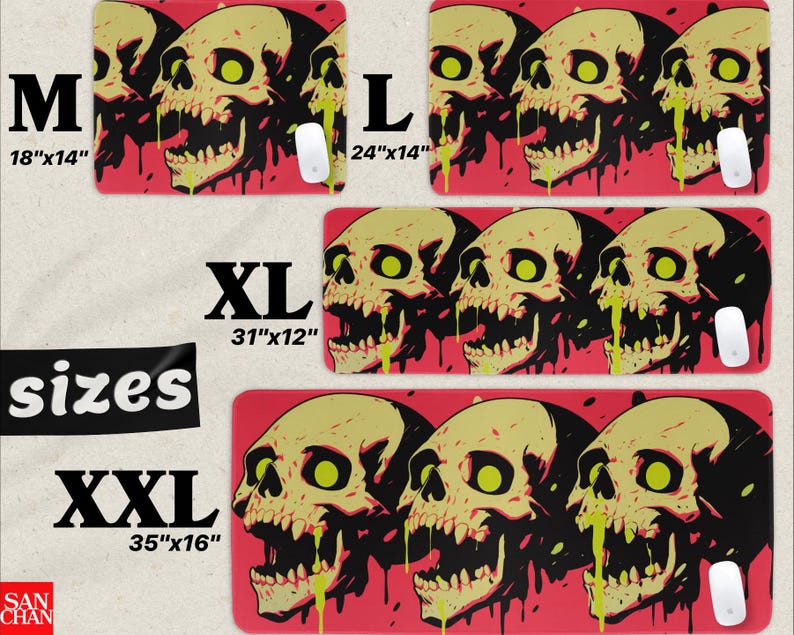 May include: Red mouse pads with a repeating skull design in yellow, black, and green. The mouse pads are available in four sizes: M (18"x14"), L (24"x14"), XL (31"x12"), and XXL (35"x16"). Each pad has a white mouse on it. The text "sizes" is also visible.
