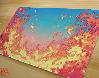 May include: A rectangular mousepad featuring a vibrant illustration of stylized flames in shades of red, orange, and yellow against a gradient blue sky. The mousepad has a smooth surface and the text "SAN CHAN" is visible in the lower left corner.