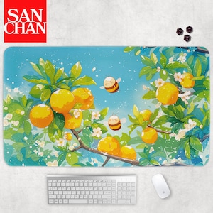 May include: A blue and green mousepad with a design of a citrus tree with oranges and bees. The text "SAN CHAN" is in the top left corner.